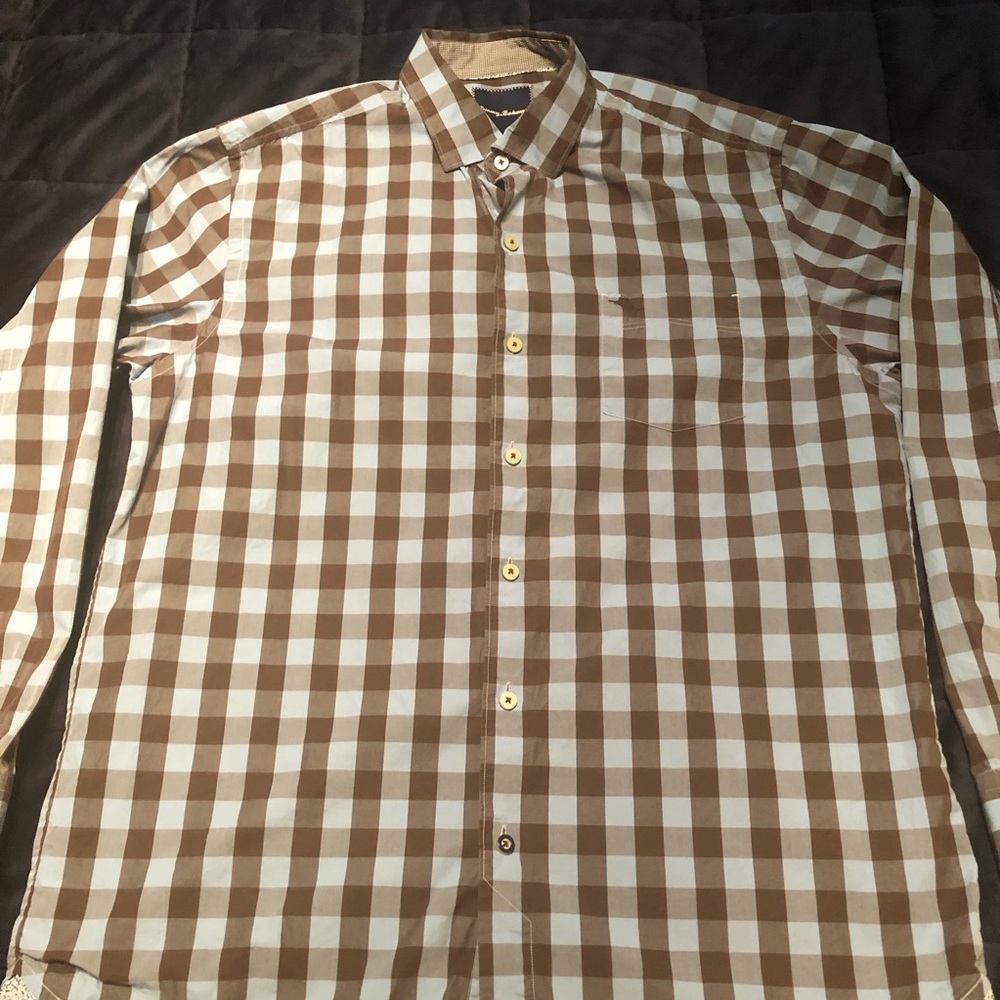 Tommy Bahama blue and brown checkered button-down shirt medium
